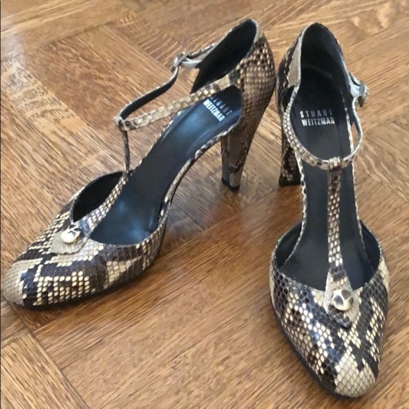 Stuart Weitzman T-Strap Snake Skin Heels - Picture 1 of 8